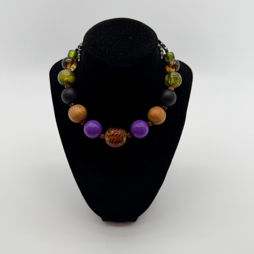 Chunky Beaded Necklace Women Multicolor Art Glass Wood Statement Boho Artisan